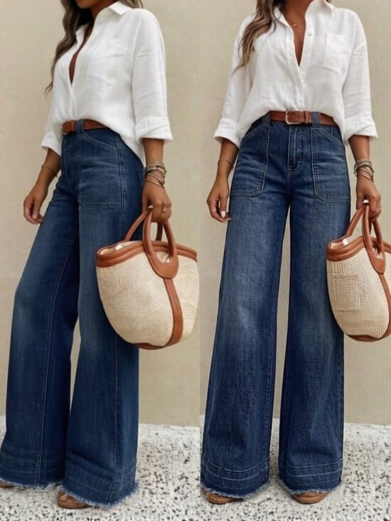 Denim - Dark Wash Women's Casual Loose Fit Wide Leg Denim Pants